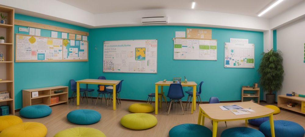Ambiente de sala de aula inclusiva com materiais para dificuldades de aprendizagem.