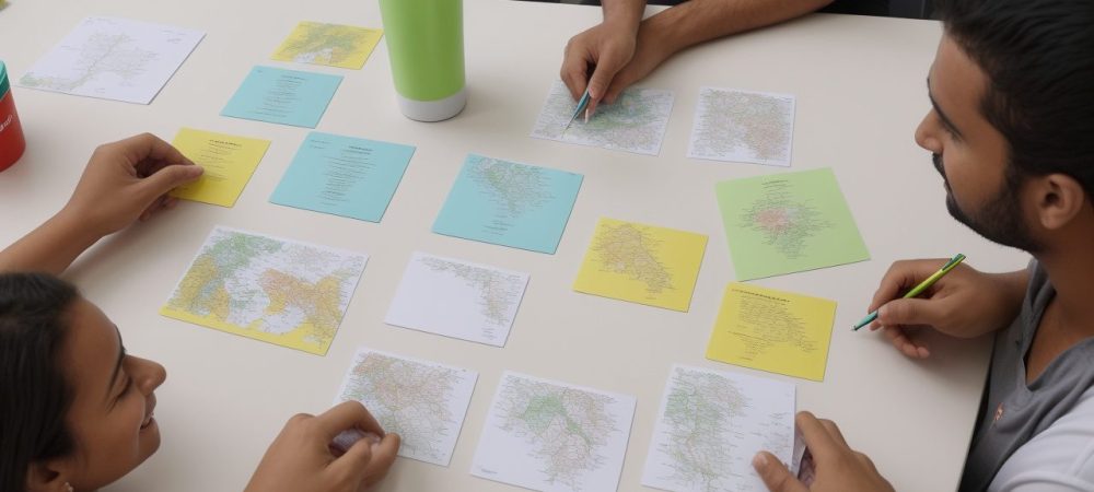 Imagem de dinâmica de grupo em ação, com pessoas interagindo e colaborando para resolver um desafio, demonstrando a importância da dinâmica de grupo para o trabalho em equipe.