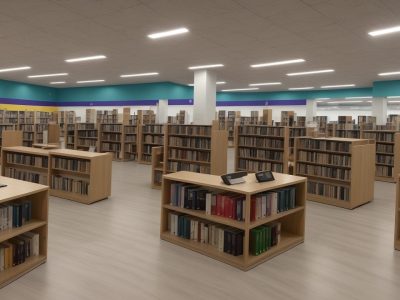 Crianças e adultos participando de atividades interativas em uma biblioteca pública moderna, com foco em dinamização e uso da biblioteca.