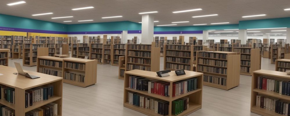 Crianças e adultos participando de atividades interativas em uma biblioteca pública moderna, com foco em dinamização e uso da biblioteca.