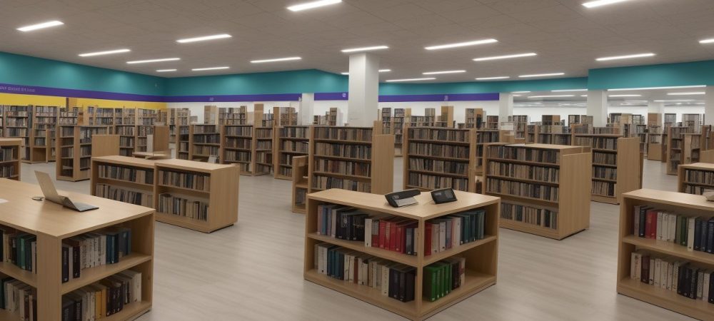 Crianças e adultos participando de atividades interativas em uma biblioteca pública moderna, com foco em dinamização e uso da biblioteca.