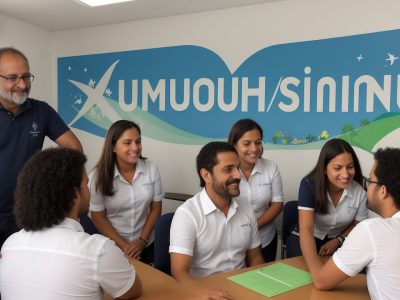 Visão geral da liderança e gestão escolar eficaz, mostrando um diretor inspirando sua equipe e alunos.