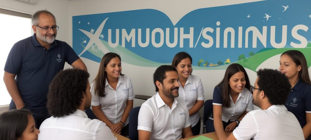 Visão geral da liderança e gestão escolar eficaz, mostrando um diretor inspirando sua equipe e alunos.