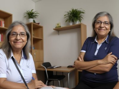 Diretora escolar liderando equipe em ambiente de gestão, com foco em planejamento estratégico e desenvolvimento profissional.