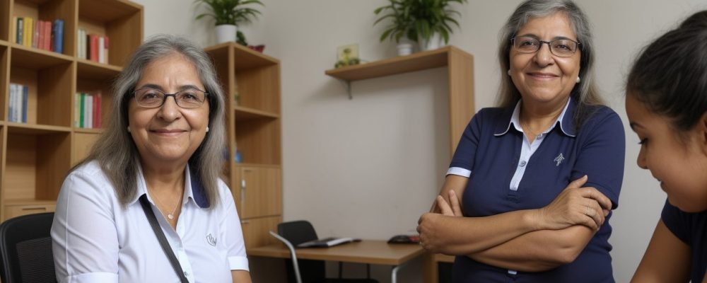 Diretora escolar liderando equipe em ambiente de gestão, com foco em planejamento estratégico e desenvolvimento profissional.