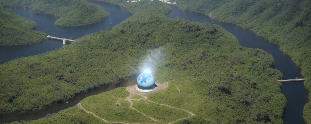 Ilustração do direito ambiental em ação, mostrando o meio ambiente protegido por um escudo, simbolizando a sustentabilidade e a legislação ambiental.
