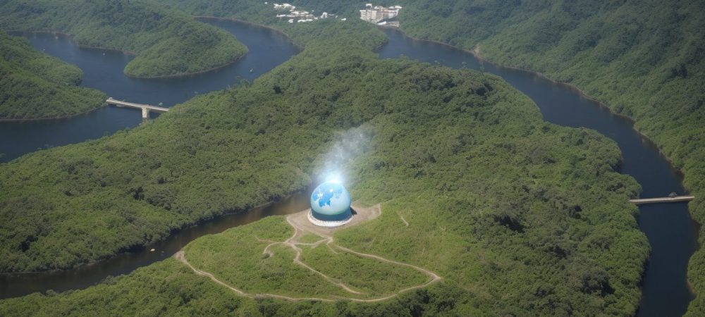 Ilustração do direito ambiental em ação, mostrando o meio ambiente protegido por um escudo, simbolizando a sustentabilidade e a legislação ambiental.