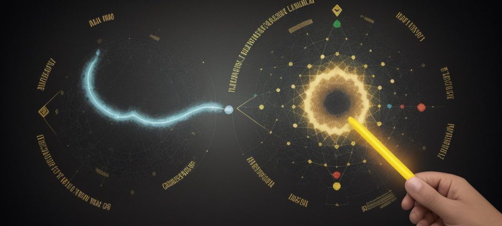 Representação visual dos conceitos de Direito Público e Privado, com elementos que simbolizam a aplicação prática e a busca por soluções.