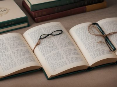 Ilustração de um livro aberto com o título Direitos Autorais e ícones representando propriedade intelectual, como um cadeado e uma caneta, em um fundo que simula um escritório moderno.