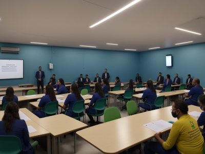 Profissionais discutindo sobre os direitos da criança em ambiente de formação sobre políticas públicas