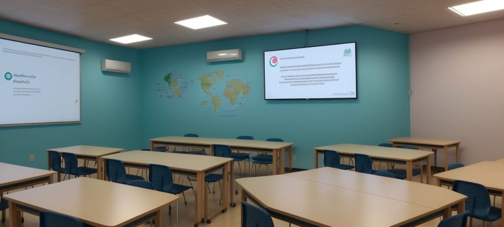 Alunos engajados em sala de aula com professor mediando para promover disciplina escolar.