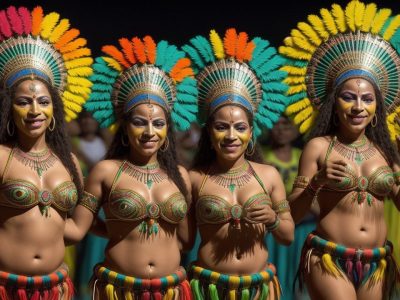 Imagem vibrante de um mosaico cultural brasileiro, com elementos do folclore, festas populares e símbolos da cultura do Brasil.