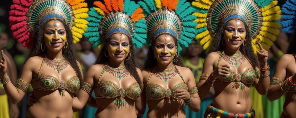 Imagem vibrante de um mosaico cultural brasileiro, com elementos do folclore, festas populares e símbolos da cultura do Brasil.