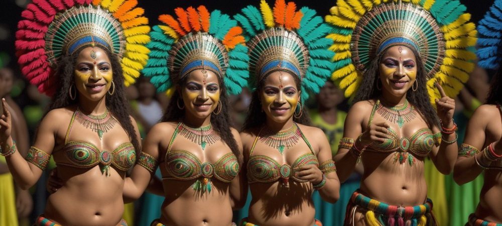 Imagem vibrante de um mosaico cultural brasileiro, com elementos do folclore, festas populares e símbolos da cultura do Brasil.