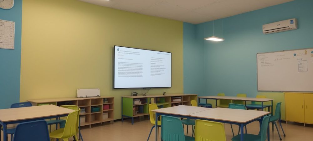 Professor em sala de aula, aplicando metodologias ativas e usando tecnologia, com foco no curso online de docência e práticas educativas.