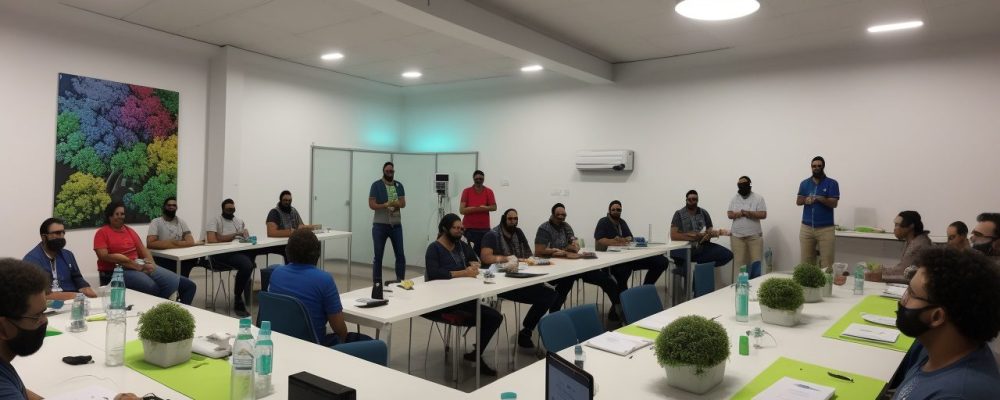 Imagem representando docência no serviço público, com pessoas interagindo e aprendendo em um ambiente dinâmico, focando em práticas educativas.