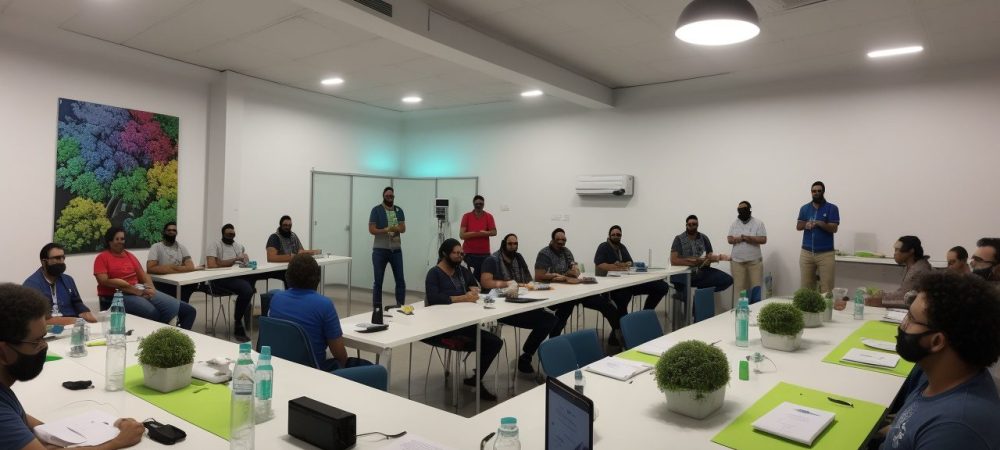 Imagem representando docência no serviço público, com pessoas interagindo e aprendendo em um ambiente dinâmico, focando em práticas educativas.