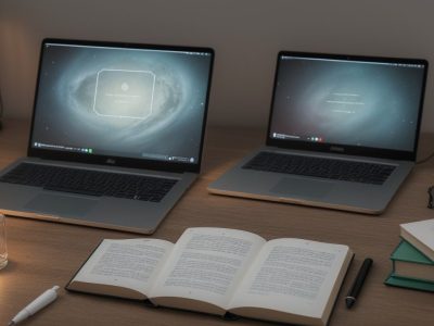 Imagem de um escritório com livros, caneta e computador, simbolizando estudo da gramática para concursos.