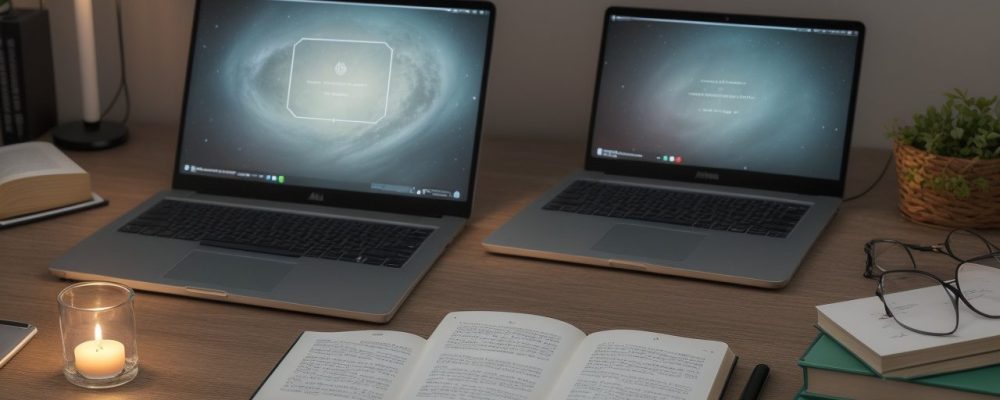 Imagem de um escritório com livros, caneta e computador, simbolizando estudo da gramática para concursos.
