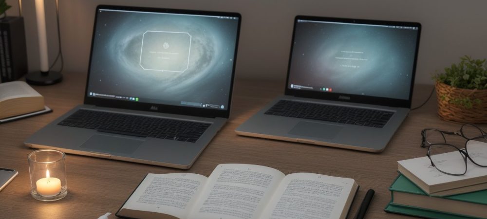 Imagem de um escritório com livros, caneta e computador, simbolizando estudo da gramática para concursos.