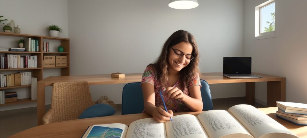 Imagem ilustrando o estudo da língua portuguesa, com foco em gramática, análise sintática e interpretação de textos