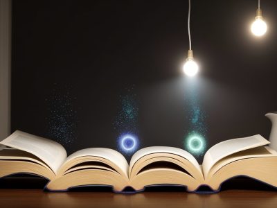 Ilustração mostrando uma pessoa estudando gramática portuguesa e interpretação de textos, com destaque para as figuras de linguagem.