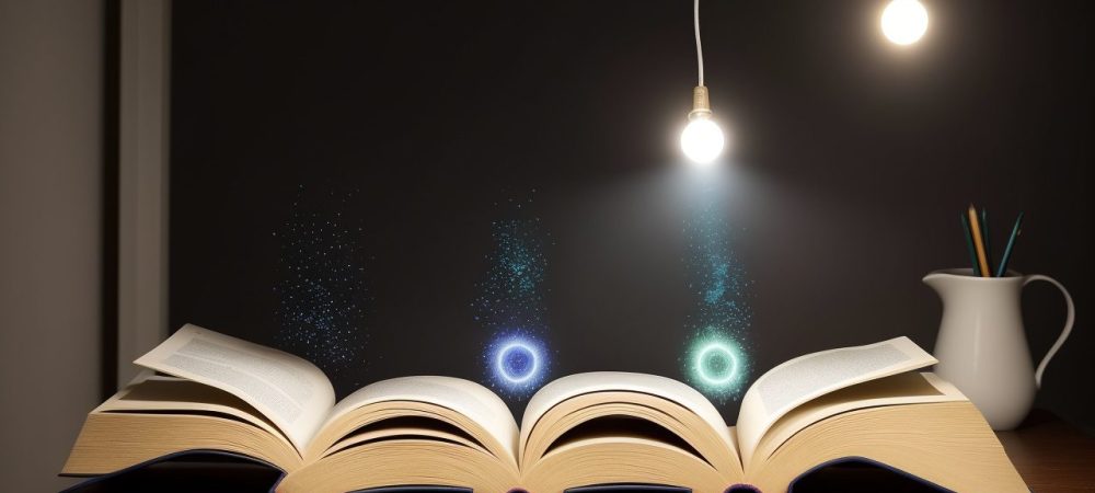 Ilustração mostrando uma pessoa estudando gramática portuguesa e interpretação de textos, com destaque para as figuras de linguagem.