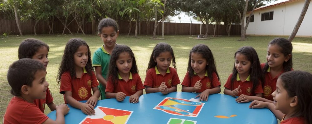 Ilustração de um grupo de crianças e adolescentes felizes, com educadores e assistentes sociais, simbolizando a proteção dos direitos da criança e o cumprimento do ECA.