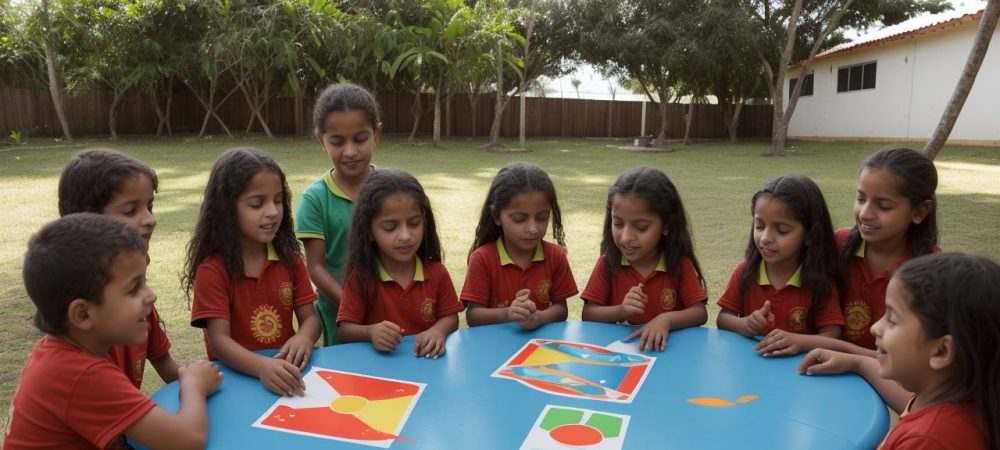 Ilustração de um grupo de crianças e adolescentes felizes, com educadores e assistentes sociais, simbolizando a proteção dos direitos da criança e o cumprimento do ECA.