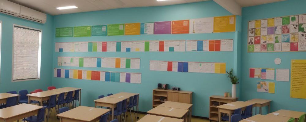 Alunos e professores em sala de aula EJA, celebrando a diversidade e a inclusão, com materiais didáticos variados e um ambiente acolhedor.