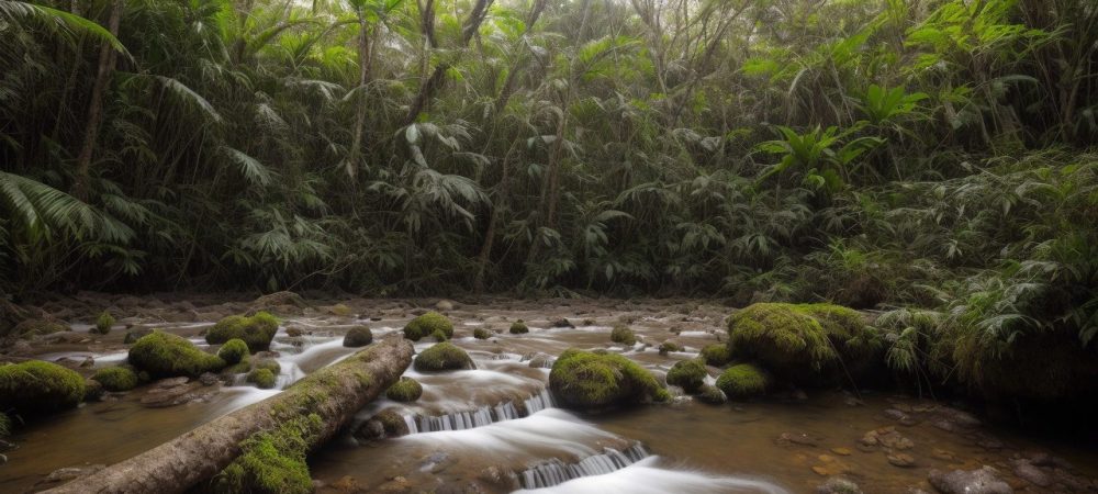 Instrutor de ecoturismo guiando turistas em uma trilha, promovendo turismo sustentável e educação ambiental.