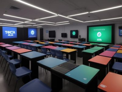 Crianças interagindo em sala de aula com tecnologias digitais para educação 4.0.