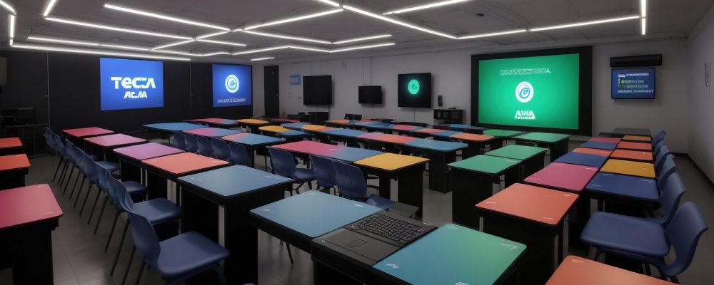 Crianças interagindo em sala de aula com tecnologias digitais para educação 4.0.