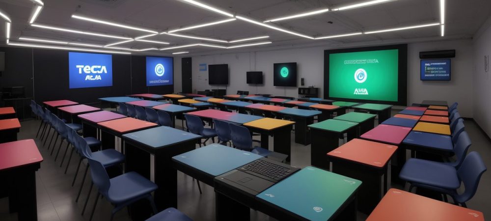 Crianças interagindo em sala de aula com tecnologias digitais para educação 4.0.