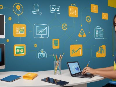 Crianças e professores interagindo em uma sala de aula moderna, utilizando tecnologias digitais para educação 4.0