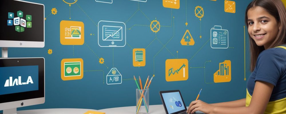 Crianças e professores interagindo em uma sala de aula moderna, utilizando tecnologias digitais para educação 4.0