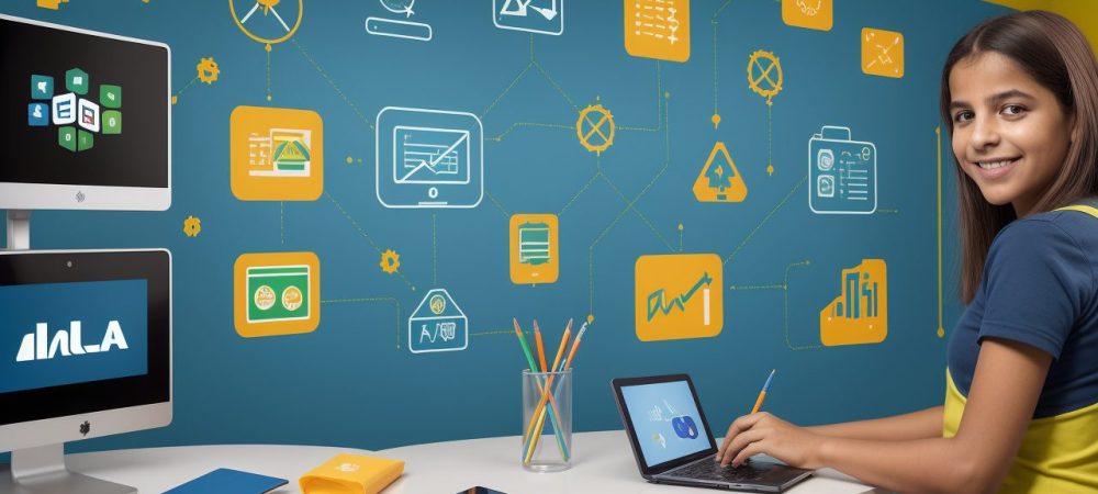 Crianças e professores interagindo em uma sala de aula moderna, utilizando tecnologias digitais para educação 4.0