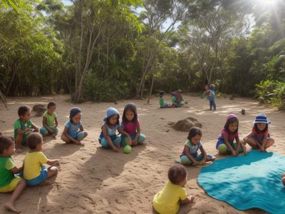 Imagem que ilustra a educação ambiental com crianças plantando árvores, simbolizando a sustentabilidade e a biodiversidade.