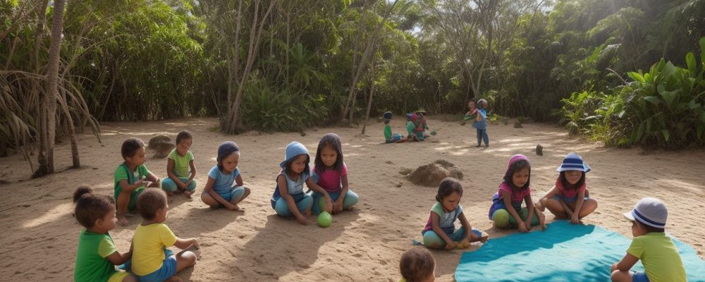 Imagem que ilustra a educação ambiental com crianças plantando árvores, simbolizando a sustentabilidade e a biodiversidade.