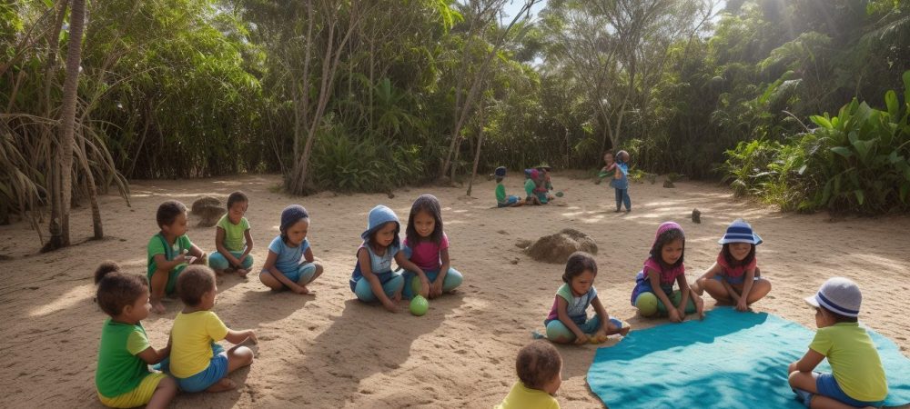 Imagem que ilustra a educação ambiental com crianças plantando árvores, simbolizando a sustentabilidade e a biodiversidade.