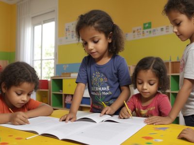 Crianças em sala de aula participando de atividades de educação artística, com tintas e materiais de arte.