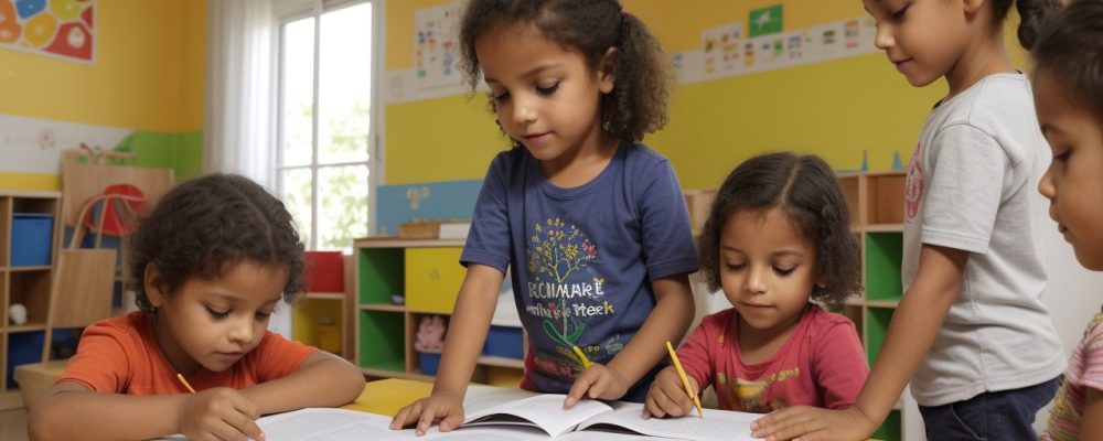 Crianças em sala de aula participando de atividades de educação artística, com tintas e materiais de arte.