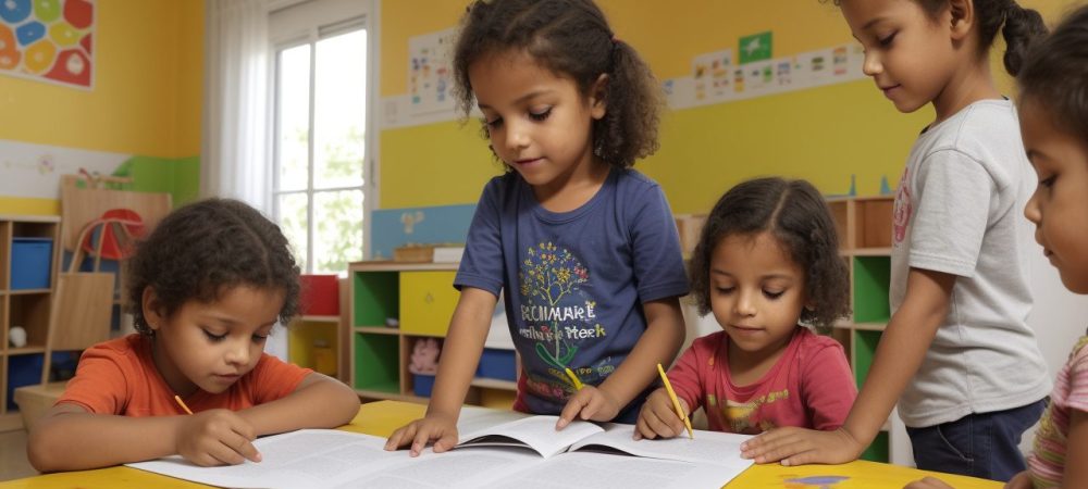 Crianças em sala de aula participando de atividades de educação artística, com tintas e materiais de arte.