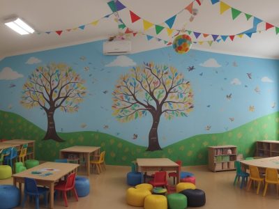 Alunos envolvidos em atividades de educação artística em uma sala de aula dinâmica e inspiradora, com foco na criatividade.