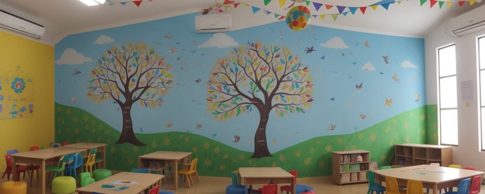 Alunos envolvidos em atividades de educação artística em uma sala de aula dinâmica e inspiradora, com foco na criatividade.