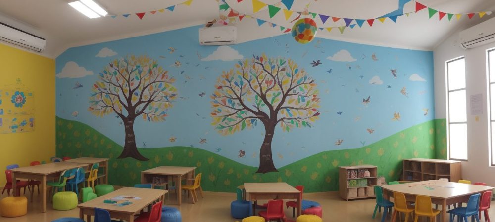 Alunos envolvidos em atividades de educação artística em uma sala de aula dinâmica e inspiradora, com foco na criatividade.
