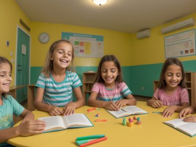 Crianças aprendendo em uma escola bilíngue, com foco na imersão linguística e no desenvolvimento cognitivo.