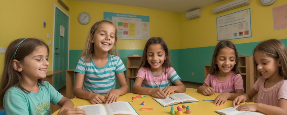Crianças aprendendo em uma escola bilíngue, com foco na imersão linguística e no desenvolvimento cognitivo.