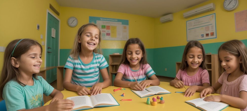 Crianças aprendendo em uma escola bilíngue, com foco na imersão linguística e no desenvolvimento cognitivo.