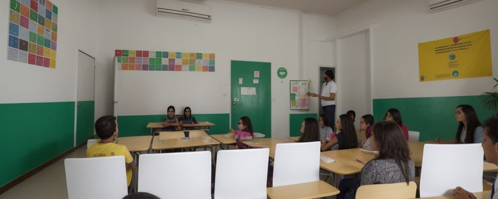 Ilustração de alunos em sala de aula debatendo direitos humanos e justiça social, promovendo a educação cidadã.
